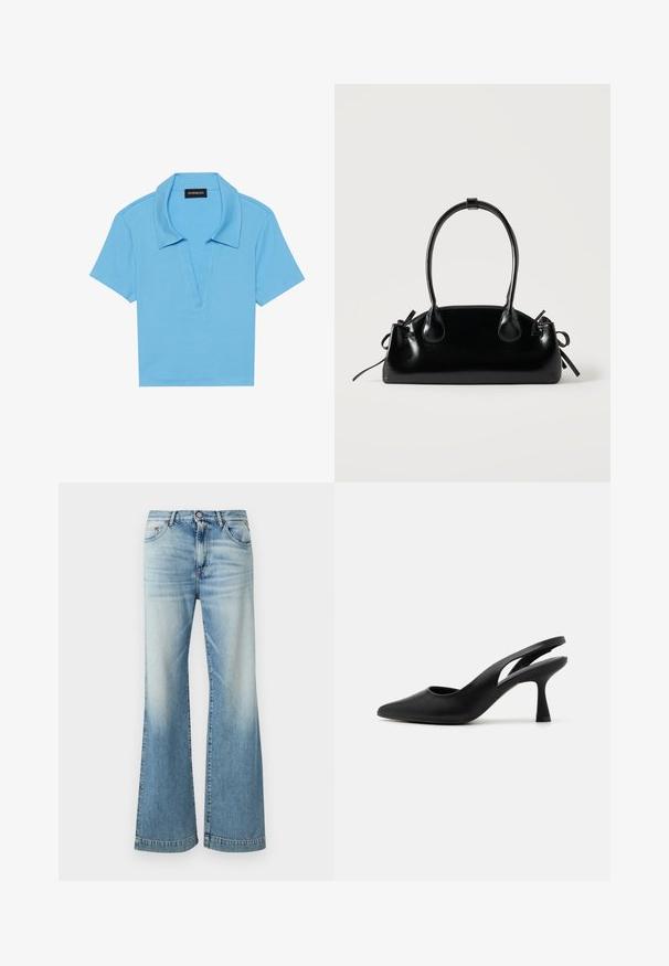 Lys blå polo shirt med klassisk krave, korte ærmer og dyb v-hals. Har en ribbet tekstur og lige kant.; Lyseblå vide jeans lavet af denim, med en let falmet finish, fem-lomme design og en traditionel knaplukning.; Sorte slingback hæle med spids tå, lavet af glat læder. Har et udskåret design og en robust, aftrappet hæl.; Lille sort blank håndtaske med to lange håndtag og snøre-detaljer i siden på en ensfarvet lys baggrund.