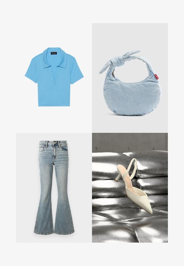 Lys blå polo shirt med klassisk krave, korte ærmer og dyb v-hals. Har en ribbet tekstur og lige kant.; Lyseblå højhalsede cowboybukser med flare-ben, frontknap, lynlås og fem-lomme design på hvid baggrund.; Enkelt hvid spids slingback højhælet sko liggende på en skinnende, metallisk sølv tuftet overflade.; Lyseblå denim skuldertaske med knudedetalje på håndtaget og en lille rød Levi's-mærkat på siden.