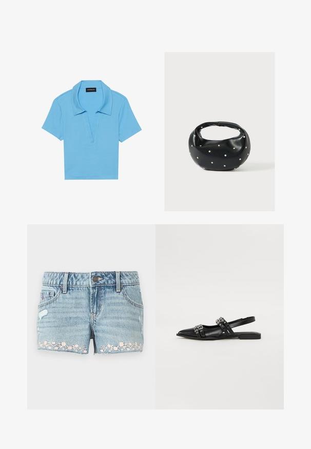 Lys blå polo shirt med klassisk krave, korte ærmer og dyb v-hals. Har en ribbet tekstur og lige kant.; Lyseblå denimshorts med en frynset kant. Har blomsterbroderi i pink nær kanten, fem-lomme design og knaplukning.; Even&Odd Slingback-ballerinasko - black; Sort læderhåndtaske med en rundet form, dekoreret med sølvnitter, og et kort håndtag. Glat tekstur og lynlåslukning.