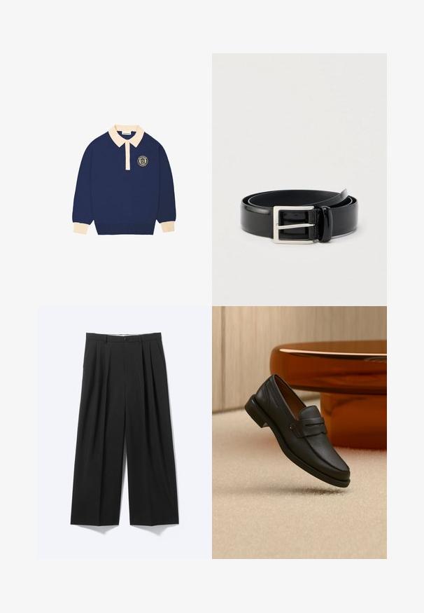 Langærmet navy blå polo shirt med beige krave og manchetter, udstyret med et rundt emblem med tekst på venstre bryst.; Sorte bukser med vide ben, forplisser, bæltestropper og knaplukning vist på en ensartet lys baggrund.; Sort læder herreloafer med bånd tværs over toppen, vist på beige tæppe nær et brunt moderne rundt bord.; Rullet sort blankt læderbælte med en sølvfarvet rektangulær metalspænde på en ensfarvet lys baggrund.