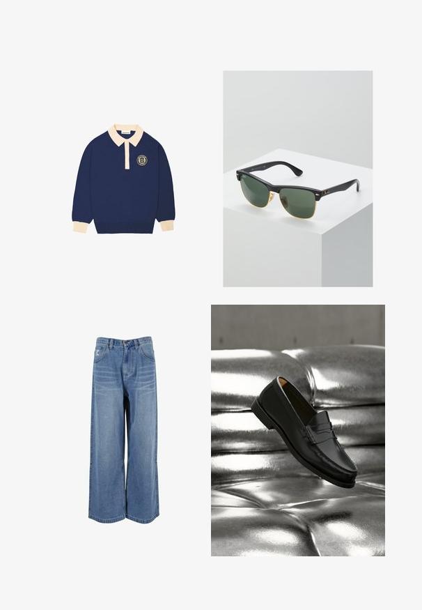 Langærmet navy blå polo shirt med beige krave og manchetter, udstyret med et rundt emblem med tekst på venstre bryst.; Bredde ben blå denim jeans med høj talje, forlommer og syede detaljer på benene. Tekstureret, falmet finish med en afslappet pasform.; Sort læderloafer svæver over en skinnende sølvfarvet, polstret lædersofa i et minimalistisk miljø.; Ray-Ban solbriller med grønne linser, sorte plastikstel og gyldne detaljer ved kanterne. Firkantet form med mat finish.