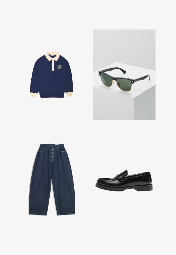 Langarm polo shirt in marineblauw met een beige kraag en manchetten, voorzien van een rond embleem met tekst op de linkerborst.; Donkerblauwe denim brede broek met een hoge taille, vijfknopen sluiting en vijf zakken. Heeft stiksels op de naden.; Zwarte leren loafer met een dikke rubberen zool en klassieke penny-strap details, gezien vanaf de buitenkant.; Ray-Ban zonnebrillen met groene lenzen, zwarte plastic monturen en gouden accenten aan de randen. Vierkante vorm met een matte afwerking.