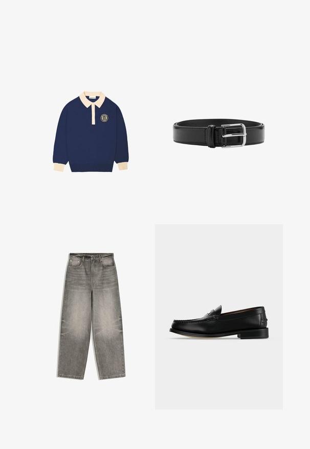 Langærmet navy blå polo shirt med beige krave og manchetter, udstyret med et rundt emblem med tekst på venstre bryst.; Grå denimjeans med vide ben, frontknap, lynlåslukning, bæltestropper og fem-lomme design lagt fladt på en hvid baggrund.; Sort læder herre loafer med lav hæl og mokkasinsyning på tåen, vist fra siden på en ensfarvet baggrund.; Sort læderbælte med synlige syninger og en skinnende sølvspænde lagt fladt i en sammenrullet position på en hvid baggrund.