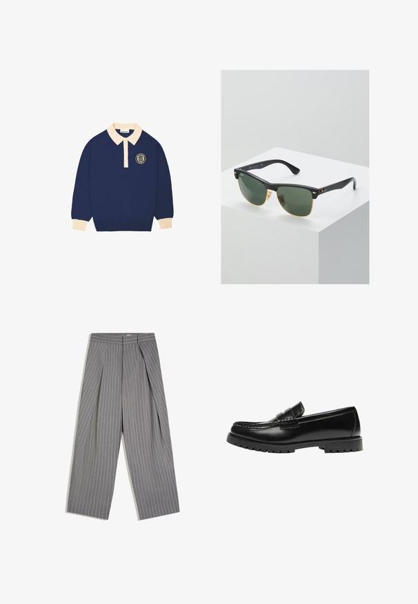 Langærmet navy blå polo shirt med beige krave og manchetter, udstyret med et rundt emblem med tekst på venstre bryst.; Grå bukser med vide ben, hvide knapper og forreste læg, med høj talje og bæltestropper.; Sort læderloafer med en kraftig gummisål og klassiske penny-strap detaljer, vist fra ydersiden.; Ray-Ban solbriller med grønne linser, sorte plastikstel og gyldne detaljer ved kanterne. Firkantet form med mat finish.