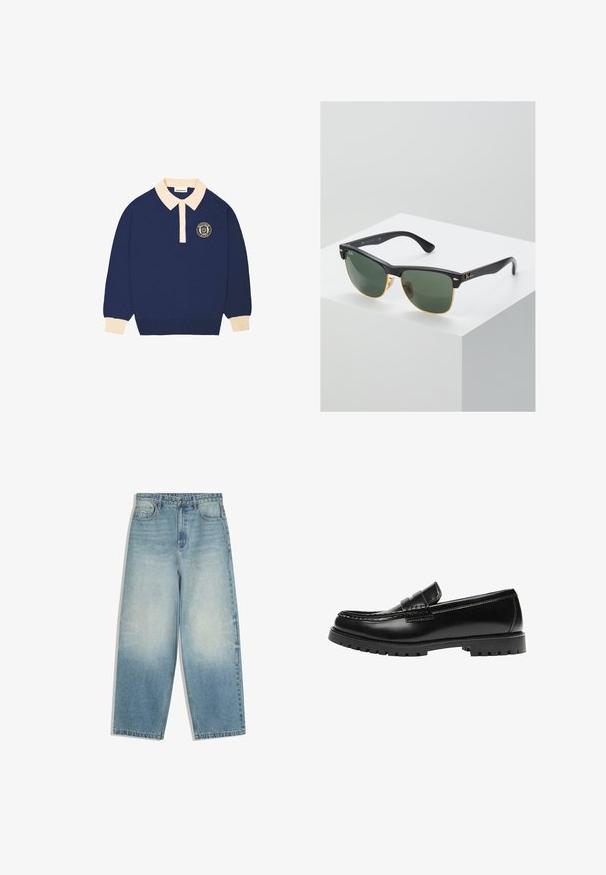 Langærmet navy blå polo shirt med beige krave og manchetter, udstyret med et rundt emblem med tekst på venstre bryst.; Lyseblå vide denimjeans med forlommer, knaplukning og falmet vaskepatina på lår og knæ.; Sort læderloafer med en kraftig gummisål og klassiske penny-strap detaljer, vist fra ydersiden.; Ray-Ban solbriller med grønne linser, sorte plastikstel og gyldne detaljer ved kanterne. Firkantet form med mat finish.