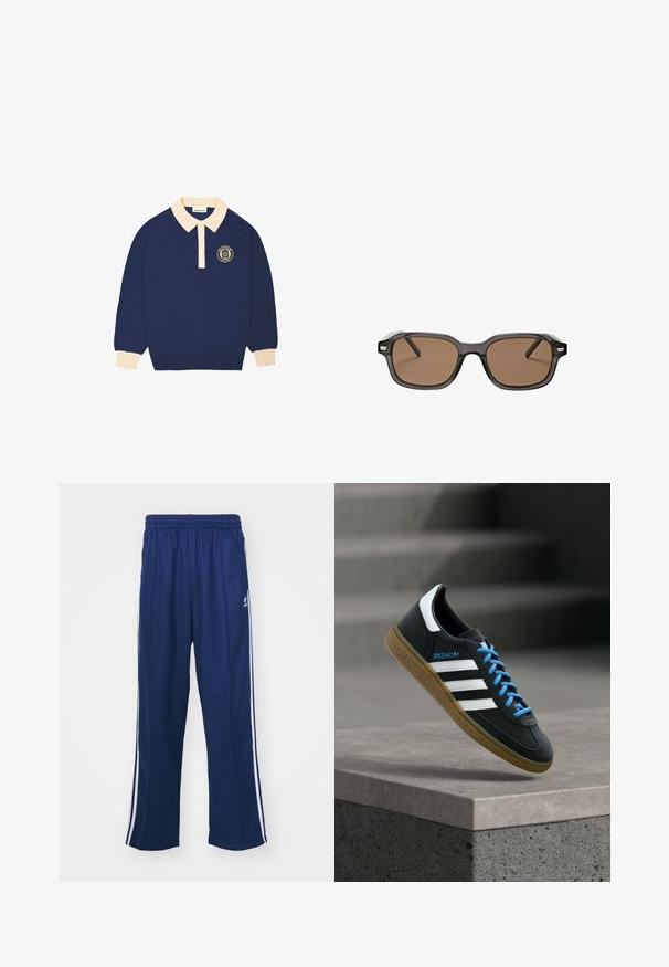Langærmet navy blå polo shirt med beige krave og manchetter, udstyret med et rundt emblem med tekst på venstre bryst.; Marineblå sportbukser med en afslappet pasform, udstyret med hvide sidestativer og elastisk talje. Glat stof, ingen synlige mønstre eller hardware.; Sort Adidas sneaker med hvide striber, blå snørebånd og gummisål, der svæver over gråt betontrin i blødt lys.; Rektangulære solbriller med mørkebrune linser og blanke sorte gennemsigtige stel med små sølv accenter på stængerne.