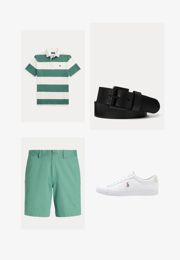 Poloshirt met korte mouwen met brede horizontale groene en witte strepen, witte kraag en klein geborduurd logo op de borst.; Herenshorts in lichtgroen, gemaakt van een katoenmengsel. Voorzien van een vlakke voorkant, knoopsluiting, riemlussen en zijzakken. Soepele textuur.; Witte canvas sneakers met een laag ontwerp, featuring een beige hieltab en een klein geborduurd logo aan de zijkant. Rubber zool.; Zwarte leren riem met zwarte rechthoekige gesp en reliëflogo op de riemlus, opgerold op een effen lichte achtergrond.