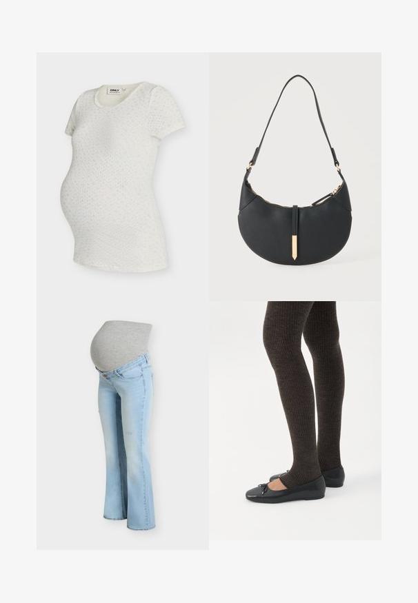 ONLY MATERNITY OLMMADISON BABY TEE - Βασικό μπλουζάκι - cloud dancer aop:gry flower winter sky; Ανοιχτό μπλε τζιν εγκυμοσύνης με ελαστική γκρι ζώνη μέσης σχεδιασμένη να προσαρμόζεται σε ένα έγκυο στομάχι.; Πόδια με σκουρόχρωμα ριμπ κολάν συνδυασμένα με μαύρα μπαλαρίνα παπούτσια με μικρές λεπτομέρειες φιόγκων σε λευκό φόντο.; Μαύρη τσάντα χεριού σε σχήμα ημισελήνου με έναν ιμάντα, χρυστό φερμουάρ και χρυσή ορθογώνια διακοσμητική ετικέτα μπροστά.