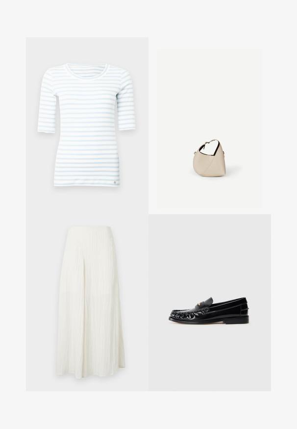 Haut à manches longues rayé bleu clair et blanc en coton doux, avec un col rond et un petit détail logo à l'ourlet.; Jupe maxi blanche taille haute plissée avec une seule fente devant et une finition en tissu texturé.; Mocassins en cuir noir avec un bout arrondi, des coutures décoratives et un petit accent doré sur le dessus. Semelle en caoutchouc plate, design épuré.; Sac à main en cuir beige en forme de croissant avec une seule bandoulière et des coutures minimalistes, posé sur un fond blanc uni.
