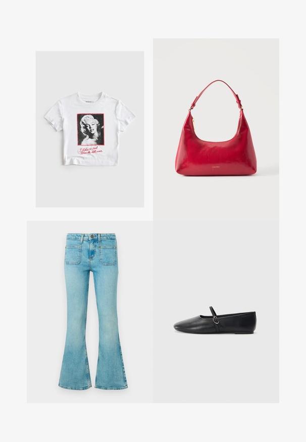T-shirt blanc à manches courtes avec un portrait en noir et blanc d'une femme blonde et un texte rouge disant "J'aime me sentir blonde de la tête aux pieds."; Jeans évasés bleu clair en denim, avec une taille haute, cinq poches, une couture visible et une finition délavée.; Ballerines noires en cuir avec un bout pointu, une semelle plate et une petite sangle avec un détail de boucle en argent.; Sac à épaule en cuir rouge avec fermeture éclair dorée et sangle réglable, logo Calvin Klein centré à l'avant.