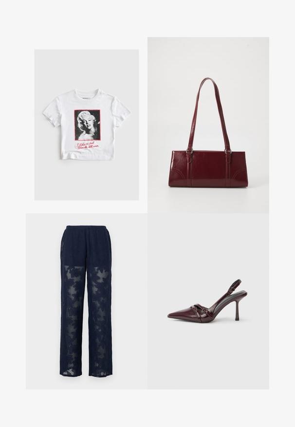 T-shirt blanc à manches courtes avec un portrait en noir et blanc d'une femme blonde et un texte rouge disant "J'aime me sentir blonde de la tête aux pieds."; Pantalon en dentelle bleu marine avec un motif floral, présentant une coupe à jambes larges et une taille élastique. Tissu semi-transparent avec une finition texturée.; Escarpin slingback en cuir verni bordeaux avec bout pointu, fine bride à la cheville et petit détail décoratif de boucle. Texture lisse et talon haut.; Sac à main bordeaux en matériau brillant, de forme rectangulaire, avec deux anses et des accents légèrement courbés à l'avant.