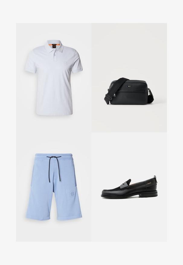 Weißes Poloshirt mit Kragen, kurzen Ärmeln und dezentem Logo-Patch. Aus Baumwolle gefertigt, mit glatter Textur und klassischem Design.; Helle blaue Shorts aus einem weichen Stoff. Verfügt über einen elastischen Bund mit einem schwarzen Kordelzug und einem Logo-Akzent an der Seitentasche.; Schwarzer Lederloafer mit grauem Riemendetail, niedrigem Absatz und strukturierter Sohle, seitlich mit „HUGO“ in Gold gebrandmarkt.; Schwarze, strukturierte Leder-Crossbody-Tasche mit vorderer Reißverschlusstasche und verstellbarem breitem Stoff-Schulterriemen auf weißem Hintergrund.