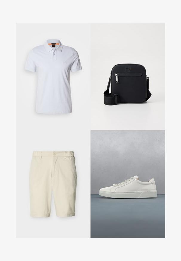Polo blanc avec col, manches courtes et logo brodé discret. Fabriqué en coton, il présente une texture lisse et un design classique.; Shorts beige mi-longueur avec fermeture à bouton, bandes élastiques latérales à la taille, passants pour ceinture et poches latérales sur fond uni.; Baskets en cuir blanc avec un bout arrondi, design minimaliste, lacets gris et semelle en caoutchouc gris texturé. Détails de couture subtils visibles.; Sac bandoulière en cuir noir avec une texture lisse, doté d'une poche zippée à l'avant, d'une sangle réglable et d'un design carré élégant.