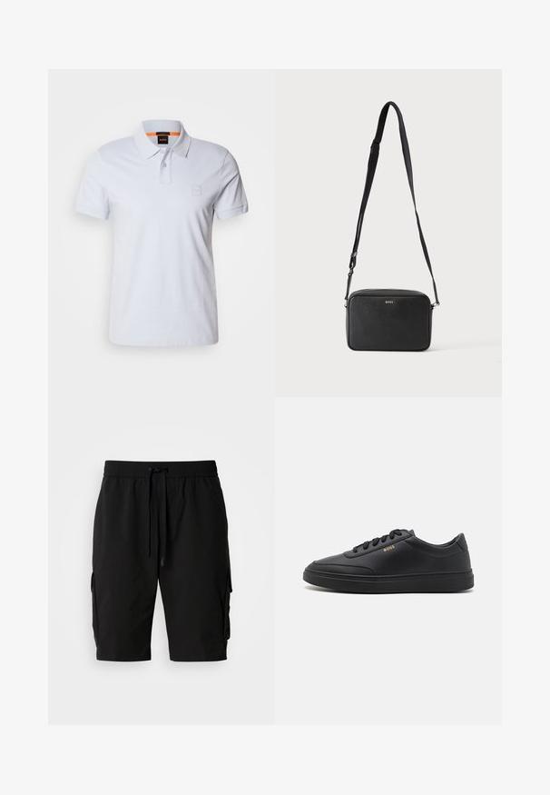 Camisa polo blanca con cuello, mangas cortas y un sutil parche de logo. Fabricada en algodón, presenta una textura suave y un diseño clásico.; Pantalones cortos cargo negros hechos de tejido ligero, con una cinturilla elástica, cordón y bolsillos laterales cargo para almacenamiento adicional.; Zapatillas de cuero negro con una textura suave, punta redondeada, suela plana de goma y cordones a tono. Presentan el logotipo dorado "BOSS" en el lateral.; Bolso bandolera rectangular negro con correa ajustable y logo BOSS en la parte delantera, sobre un fondo claro liso.