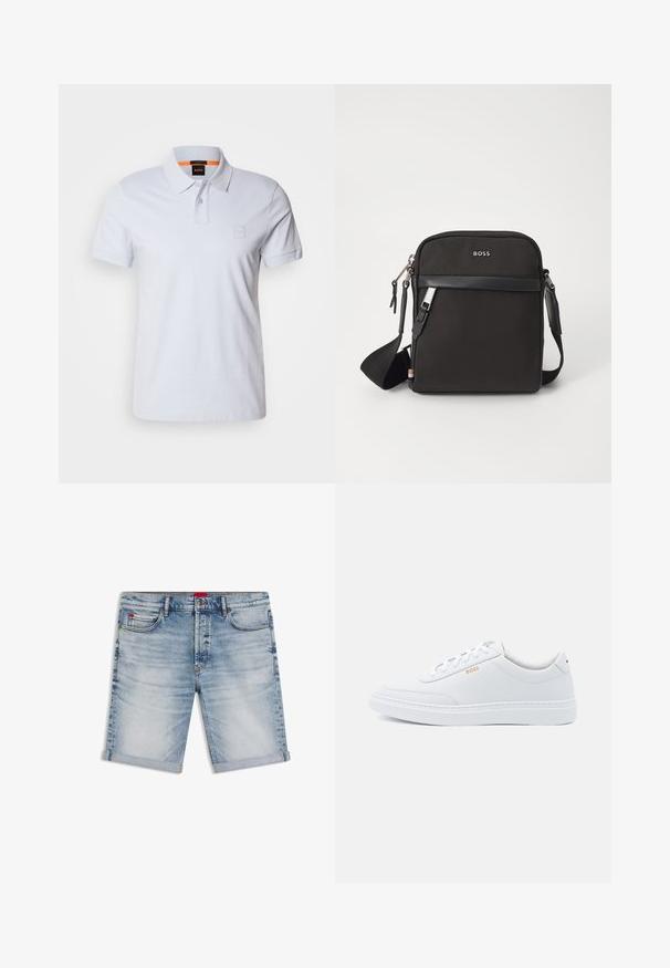 Hvid polo skjorte med krave, korte ærmer og diskret logo-patch. Fremstillet af bomuld, med en glat tekstur og klassisk design.; Lyseblå denimshorts med opbrettede kanter, forlommer, bæltestropper, knaplukning og subtile falmede detaljer.; Hvide lædersneakers med glat tekstur, rund tå og ton-i-ton syning. Har blå snørebånd og et gult logo på siden.; Sort crossbody taske med et struktureret stof, logo på fronten, lynlås lukning og justerbar rem. Har en glat læderkant.