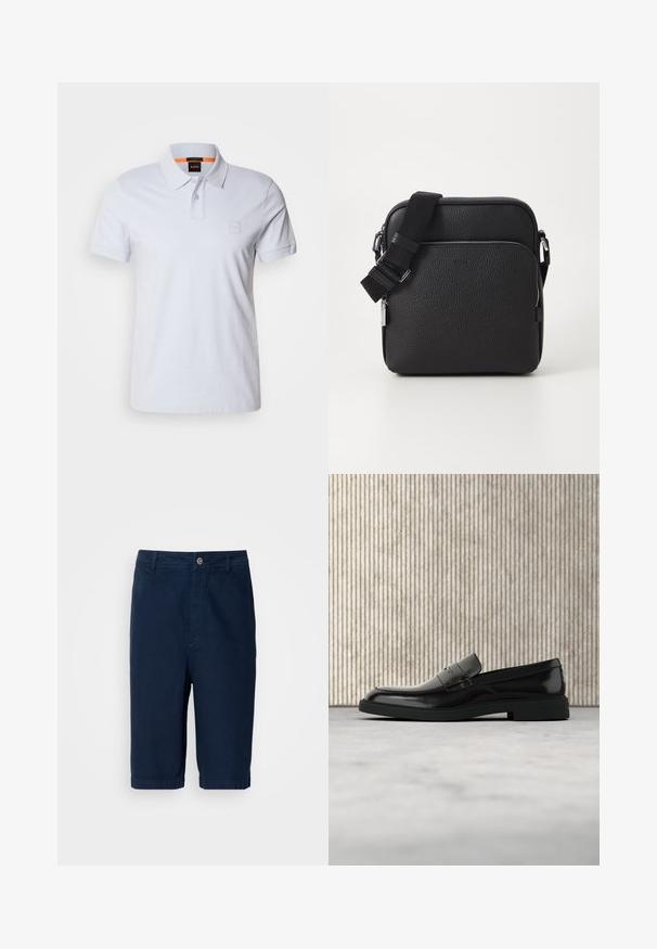 Polo blanc avec col, manches courtes et logo brodé discret. Fabriqué en coton, il présente une texture lisse et un design classique.; Shorts bleu marine en coton, avec une coupe droite, une fermeture à bouton et des passants de ceinture. Présente des ourlets à revers et deux poches latérales.; Mocassin en cuir noir poli flottant au-dessus d'un tapis beige avec un mobilier translucide orange en arrière-plan.; Sac bandoulière en cuir noir avec une surface texturée, doté d'une poche zippée à l'avant, d'une bandoulière ajustable et d'accents en métal.