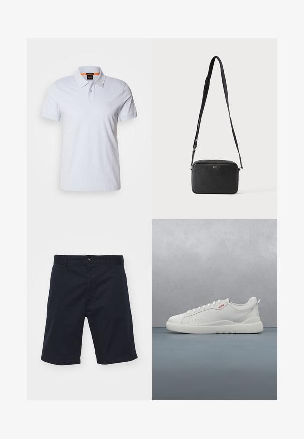 Polo blanc avec col, manches courtes et logo brodé discret. Fabriqué en coton, il présente une texture lisse et un design classique.; Shorts en coton bleu marine avec une fermeture à bouton, coupe droite et poches avant. Présente une texture lisse et un design simple.; Sneaker blanche avec une finition en cuir lisse, bout rond, quatre œillets, perforations subtiles et un détail de logo rouge sur le côté.; Sac bandoulière rectangulaire noir avec sangle réglable et logo BOSS sur le devant, sur un fond clair uni.