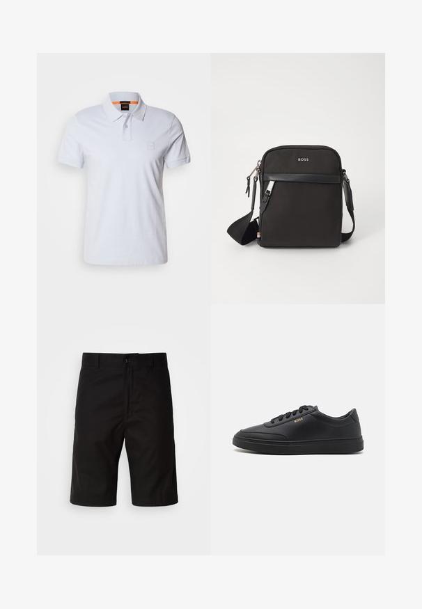 Valge polo särk, millel on krae, lühikesed varrukad ja diskreetne logopatch. Valmistatud puuvillast, sujuva tekstuuri ja klassikalise disainiga.; Mustad mustadest kangast lühikesed püksid, otsekohene lõige, nööbiga sulgemine ja sile tekstuur, ilma nähtavate mustriteta.; Mustad nahkspordijalatsid siledast materjalist, ümarate varvastega, tasase kummist tallaga ja tooni sobivate paeltega. Küljes on kuldne "BOSS" bränding.; Must mustra kott, millel on tekstuuriga kangas, logo ees, lukuga sulgemine ja reguleeritav rihm. Funktsiooniks on sile nahaäär.