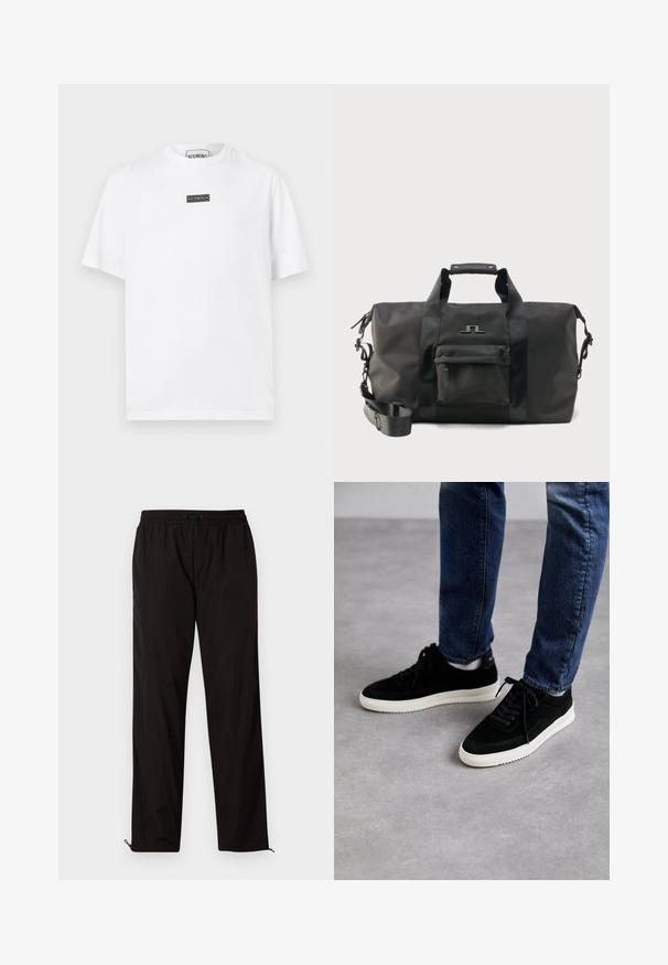 T-shirt en coton blanc avec un col rond, des manches courtes et un patch logo rectangulaire noir sur la poitrine. Design simple et minimaliste.; Pantalons légers noirs avec une taille élastique, fermeture à cordon, et bas zippés pour un ajustement réglable. Texture lisse et élégante.; Des baskets en suède noir avec une semelle en caoutchouc blanc, présentant un design classique à talon bas, un bout rond et des lacets plats noirs.; Sac de voyage noir avec poignées doubles, sangle d'épaule ajustable, poche zippée à l'avant et logo minimaliste sur fond uni.