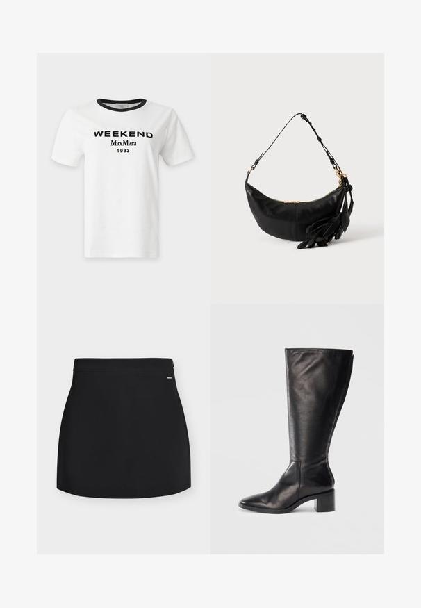 T-shirt blanc à manches courtes avec col bordé noir et texte noir "WEEKEND MaxMara 1983" sur le devant.; Mini-jupe droite noire avec une petite fermeture éclair latérale et une étiquette logo discrète sur la ceinture, sur fond blanc.; Botte noire en cuir montante, avec un bout carré, un talon large et un design épuré. Texture lisse avec une fermeture éclair sur le côté pour un enfilage facile.; Sac d'épaule en cuir noir en forme de croissant avec bandoulière réglable, fermeture éclair dorée et pompons en cuir décoratifs en forme de feuille sur un côté.