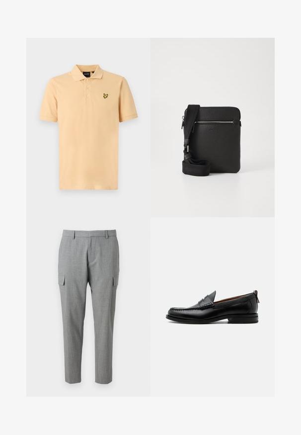 Polo-shirt i lys fersken med en tre-knaps lukning. Har et broderet logo i sort og gul på venstre bryst. Korte ærmer, klassisk pasform.; Grå cargo-bukser lavet af struktureret stof, med sidelommer, en lige pasform og en mellemhøj talje. Pæne syninger og ingen synlige mønstre.; Sort læder herre loafer med moc-tå syning, penny strop, struktureret krave og lav stablet hæl på hvid baggrund.; Sort læder crossbody taske med en tekstureret overflade, lynlåslomme foran og en justerbar stofrem. Enkel firkantet design.