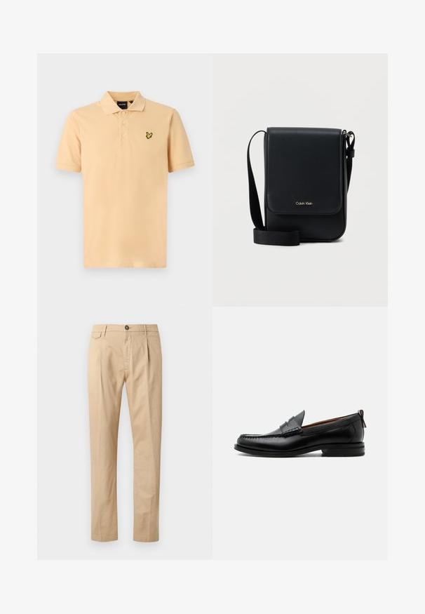 Polo-Shirt in hellem Pfirsich mit einer Drei-Knopf-Leiste. Verfügt über ein gesticktes Logo in Schwarz und Gelb auf der linken Brust. Kurzärmelig, klassische Passform.; Beige Baumwollhosen für Herren im Straight-Leg-Schnitt mit Fronttaschen, Gürtelschlaufen, Knopfverschluss und Reißverschluss auf einem weißen Hintergrund.; Schwarzer Leder-Herrenschuh mit Mokassinnaht, Penny-Riemen, strukturiertem Kragen und niedrigem gestapeltem Absatz auf weißem Hintergrund.; Schwarze Calvin Klein Umhängetasche mit Klappe, verstellbarem Riemen und kleinem goldfarbenem Logo auf der Vorderseite, vor einem schlichten weißen Hintergrund.