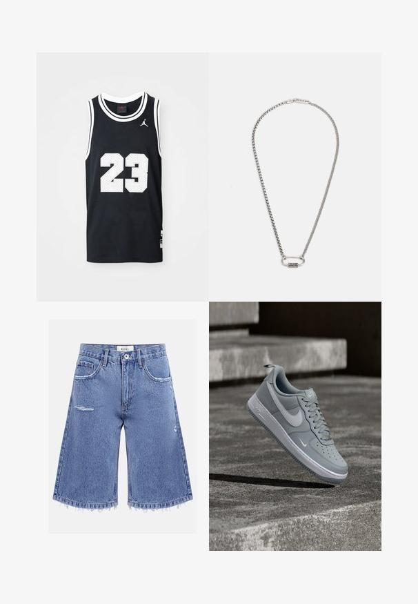 Maillot de basketball noir, tissu en maille, design sans manches. Présente le numéro "23" en blanc et des accents. Le logo est visible en haut à gauche.; Shorts en jean bleu clair longueur genou avec détails usés, ourlets effilochés, cinq poches et fermeture à boutons sur le devant.; Baskets Nike Air Force 1 grises avec logo swoosh blanc, flottant au-dessus d'une surface en béton texturée avec des escaliers en arrière-plan.; Collier en chaîne en argent avec un fermoir ovale lisse et un accent texturé. Les maillons sont uniformes et polis, créant une apparence élégante.