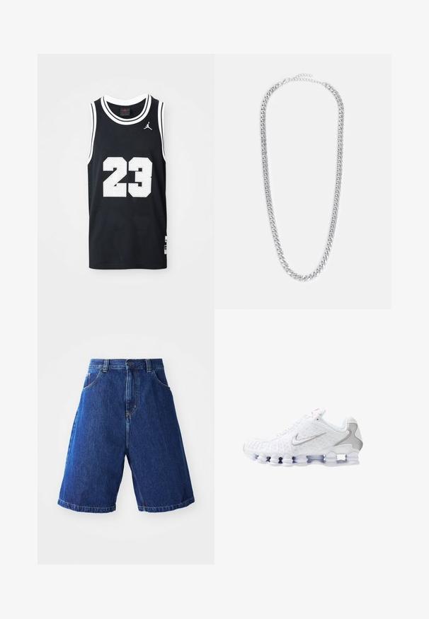 Sort basketballtrøje, fremstillet af mesh-stof, ærmeløs design. Har hvidt nummer "23" og accenter. Logoet er synligt øverst til venstre.; Denimshorts med en blå vask, med en høj talje, to forlommer og gul syning langs sømmene.; Hvide sportssko med en tekstureret overdel, en sølvfarvet swoosh-logo, meshpaneler og en karakteristisk opdelt hvid sål.; Sølv metal kædehalssmykke med sammenflettede led, en glat overflade og en justerbar lukning til tilpasning af længden.