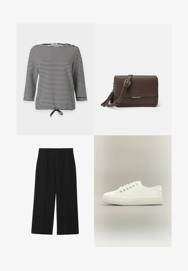Haut rayé noir et blanc, avec des manches trois-quarts et un ourlet à cordon de serrage, fabriqué en tissu doux avec une coupe décontractée.; Pantalons larges noirs en tissu lisse, avec deux poches avant, un devant plat, et une fermeture éclair sur le côté.; Baskets basses blanches avec lacets blancs et semelle en caoutchouc, vues de côté sur un fond neutre.; Sac bandoulière en simili cuir marron avec un rabat, quincaillerie dorée et détail de frange sur le côté. Bandoulière ajustable pour un port polyvalent.