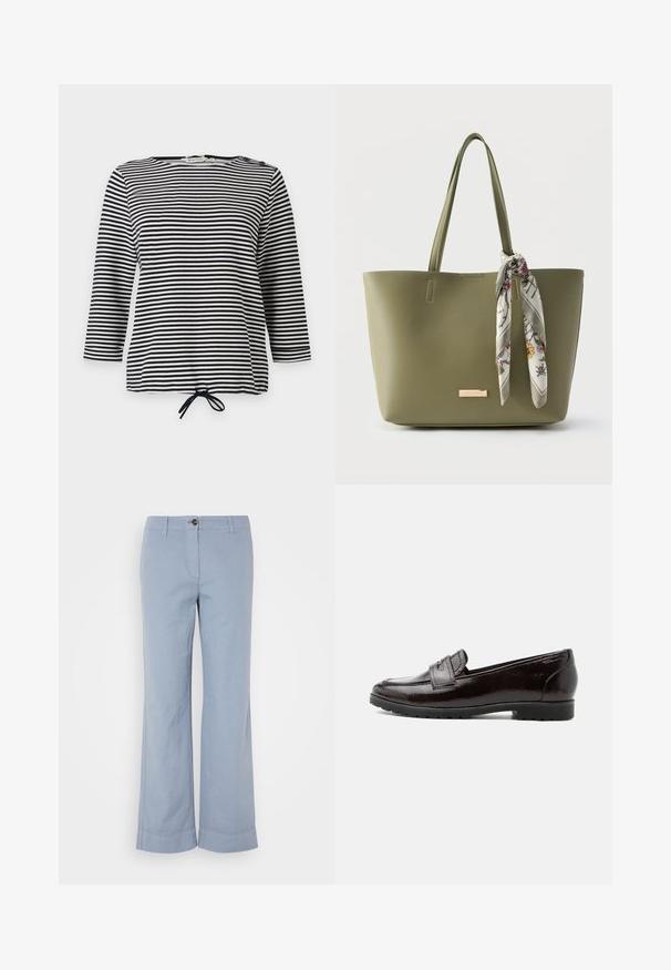Haut rayé noir et blanc, avec des manches trois-quarts et un ourlet à cordon de serrage, fabriqué en tissu doux avec une coupe décontractée.; Pantalons en lin bleu clair avec une coupe droite, fermeture à bouton et ourlet retroussé. Texture lisse, conçus pour un port décontracté.; Mocassin en cuir brun foncé brillant avec un petit talon, un bout arrondi et un détail de bride sur le dessus, présenté en profil latéral sur fond blanc.; Sac cabas vert olive avec double poignées et une écharpe à motif floral attachée à une poignée.