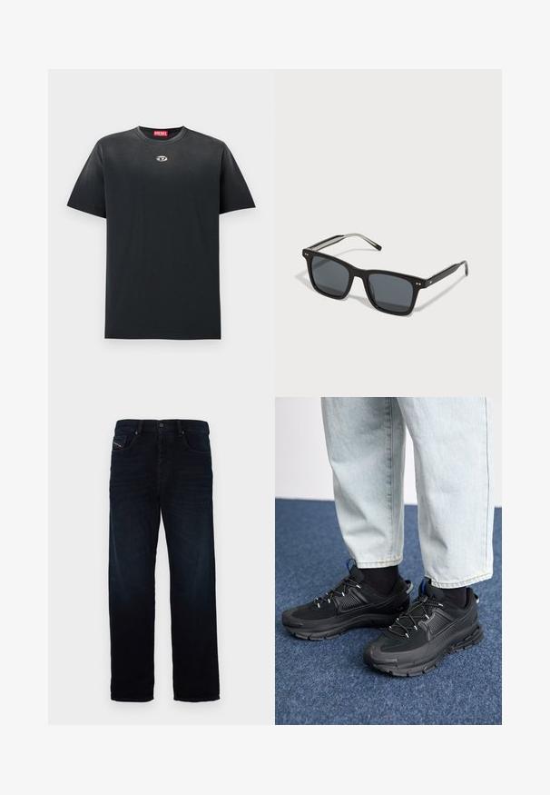 Camiseta de algodón negra con cuello redondo, corte holgado, mangas cortas y un pequeño logo plateado en el pecho. Textura suave, diseño minimalista.; Vaqueros de mezclilla azul oscuro con un diseño de pierna recta, que cuentan con un bolsillo delantero y un cierre de botón. La tela tiene una textura suave y un ligero brillo.; Zapatillas deportivas negras con tejido texturizado y suelas de goma, con cordones elásticos y un acento azul en el talón. Combinadas con pantalones de mezclilla claros.; Gafas de sol cuadradas negras con lentes oscuros, montura de plástico, acentos metálicos y logo distintivo en la patilla. Diseño elegante con un aspecto moderno.
