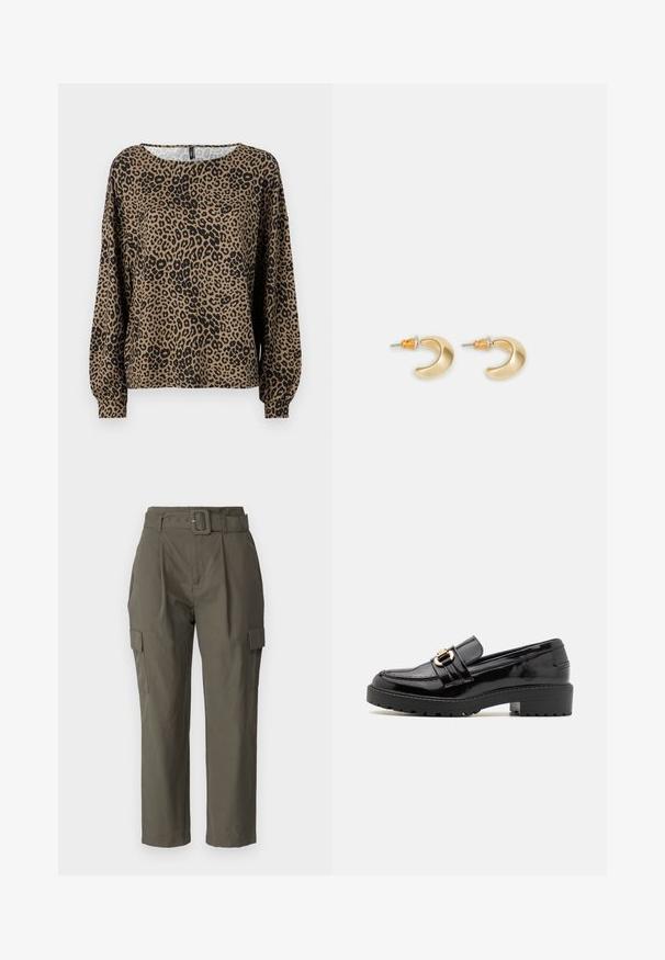 Blusa de manga larga con estampado de leopardo en marrón y negro, con un cuello redondo y puños de manga fruncidos, fabricada en un tejido suave y texturizado.; Pantalones cargo en verde oliva, hechos de tela ligera. Las características incluyen una cintura con cinturón, pliegues frontales y bolsillos laterales con cierres de solapa.; Mocasines de charol negro con un bajo tacón cuadrado, que presentan una prominente hebilla en tono dorado y una suela texturizada con relieve.; Pendientes en forma de media luna de oro con un acabado suave, que presentan acentos naranjas cerca del pasador y herrajes de plata.