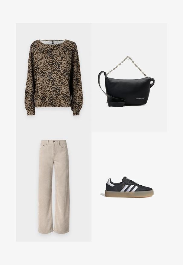 Blusa de manga larga con estampado de leopardo en marrón y negro, con un cuello redondo y puños de manga fruncidos, fabricada en un tejido suave y texturizado.; Pantalones de pana anchos beige con rayas verticales, con cierre de botón y bolsillos frontales. Tejido suave y texturizado con un ajuste relajado.; Zapatilla deportiva de cuero negro con tres rayas plateadas, punta texturizada y suela de goma. Cuenta con un collar acolchado y un diseño con cordones.; Calvin Klein Jeans SCULPTED ROUND CHAIN - Bandolera - black