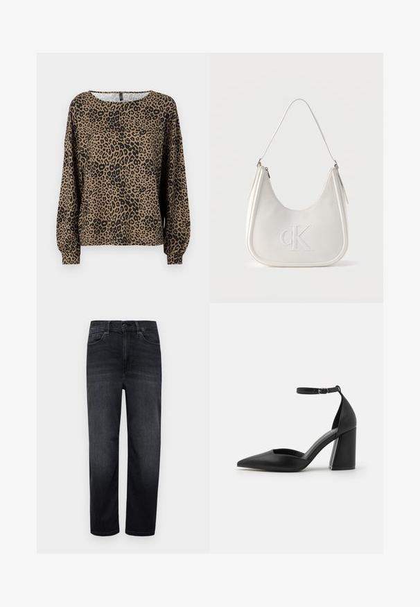 Blusa de manga larga con estampado de leopardo en marrón y negro, con un cuello redondo y puños de manga fruncidos, fabricada en un tejido suave y texturizado.; Jeans de mezclilla oscura con un ajuste regular, piernas rectas, bolsillos delanteros, un pequeño bolsillo para monedas y cierre de botón. Textura suave y desvanecido mínimo.; Zapato de tacón alto negro hecho de cuero suave, con punta afilada, lados recortados y una correa ajustable en el tobillo con tacón cuadrado.; Bolso de hombro de cuero blanco con cierre de cremallera, forma curva y logo CK en relieve en la parte delantera.