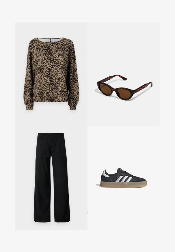 Blusa de manga larga con estampado de leopardo en marrón y negro, con un cuello redondo y puños de manga fruncidos, fabricada en un tejido suave y texturizado.; Pantalones de pierna ancha negros con una textura suave, que cuentan con un cierre de botón y bolsillos delanteros con costuras decorativas y detalles de ojales.; Zapatilla deportiva de cuero negro con tres rayas plateadas, punta texturizada y suela de goma. Cuenta con un collar acolchado y un diseño con cordones.; Gafas de sol de carey marrón con una forma vintage de ojo de gato y lentes marrones. Presentan brazos curvados con acentos rojos.
