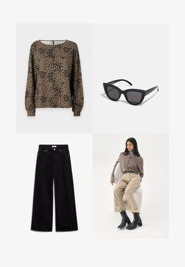 Blusa de manga larga con estampado de leopardo en marrón y negro, con un cuello redondo y puños de manga fruncidos, fabricada en un tejido suave y texturizado.; Jeans de tiro alto y pierna ancha en color negro, fabricados en denim, con cinco bolsillos y detalles metálicos en plata. Textura suave, diseño limpio.; Mujer con cabello largo y negro apoyada en una silla curva blanca, vistiendo una blusa topo, pantalones beige, cinturón negro y botines negros con tacón.; Gafas de sol negras en forma de ojo de gato con un acabado mate, que presentan lentes ahumados grises, ángulos pronunciados y brazos laterales elegantes. Nombre de la marca visible en el interior del brazo.