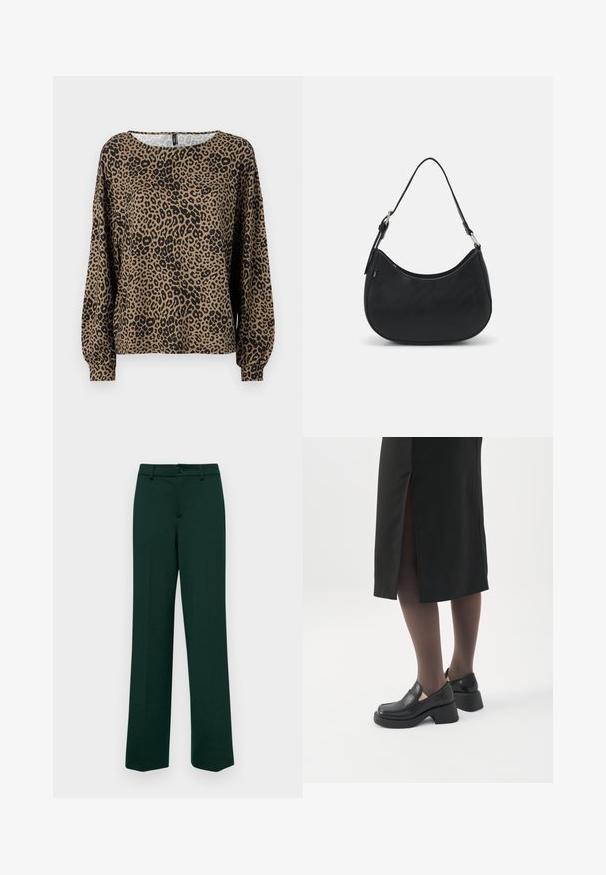 Blusa de manga larga con estampado de leopardo en marrón y negro, con un cuello redondo y puños de manga fruncidos, fabricada en un tejido suave y texturizado.; Pantalones de pierna recta en verde oscuro, con cierre de botón y trabillas para cinturón. Textura suave y detalles mínimos. Corte entallado.; Mujer con mocasines negros de tacón grueso, medias negras transparentes y una falda negra con una abertura trasera sobre un fondo blanco.; Bolso hobo negro hecho de cuero suave con una silueta curva, que cuenta con una sola correa ajustable y detalles de diseño minimalistas.