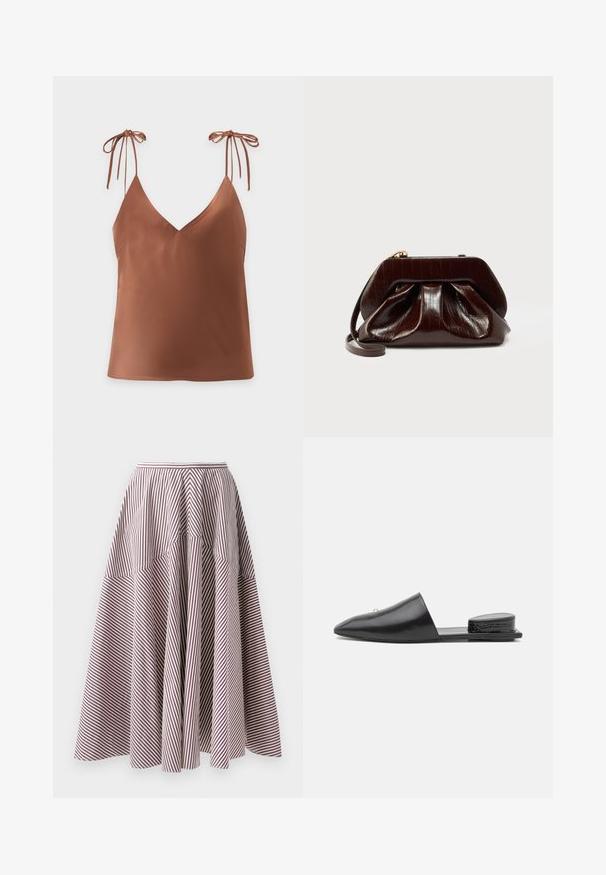 Top marron sans manches avec un col en V et fines bretelles nouées en nœuds sur un fond uni clair.; Jupe rayée avec des lignes verticales blanches et bordeaux, présentant un design évasé et une texture froncée à la taille, fabriquée en tissu léger.; Mules noirs en cuir à enfiler avec un bout pointu, un design minimal et un accent texturé au talon arrière. Surface lisse et semelle plate.; Pochette en cuir brillant marron foncé avec un design plissé et une fine lanière pour poignet sur fond blanc.
