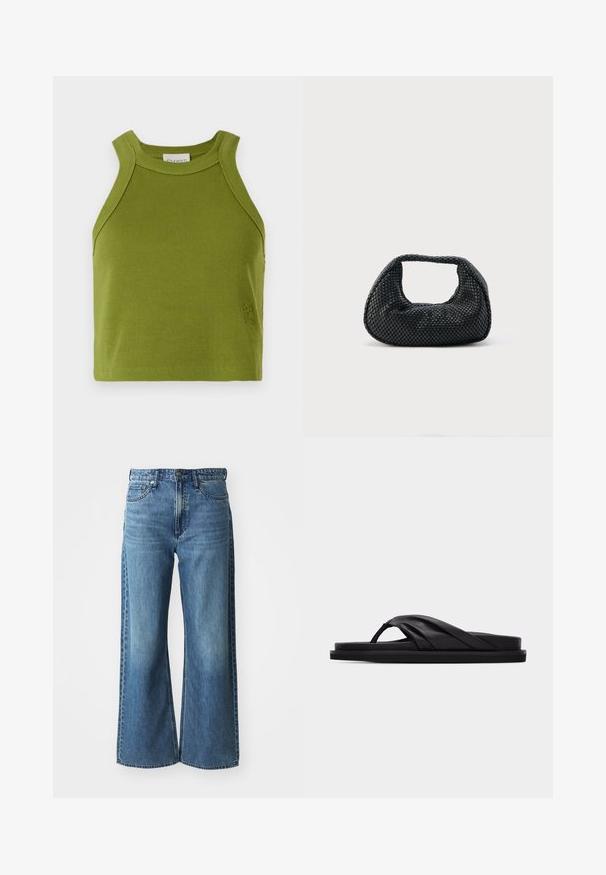 CLOSED CROPPED RACER TANK - Top - pistachio green; Wijdvallende blauwe spijkerbroek van denim met een middelhoge tailleband, vijf zakken en subtiele vervaging. Kenmerken zijn onder andere riemlussen en gestikte details.; Zwarte platte sandaal met gewatteerde kruisband en teenriemje, minimalistisch ontwerp tegen een effen lichtgrijze achtergrond.; Zwarte geweven hobo-tas met een zachte structuur en geïntegreerd handvat, weergegeven op een effen lichte achtergrond.