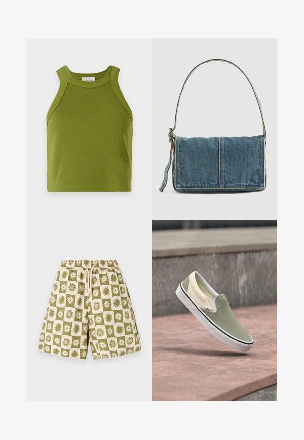 CLOSED CROPPED RACER TANK - Topp - pistachio green; Kaki ja kreemikadruudulised lühikesed püksid elastse vöökoha ja paelaga, millel on päikese ja keerise mustrid, mis vahelduvad igas ruudus.; Libisev tossu helerohelise lõuendülaosaga, valge tallaga ja beeži kannatükiga, mis näib kivipinna kohal hõljuvat.; Denim õlakott volditud disainiga, helesinine värv, nähtavad õmblused, reguleeritav sang ja külgmine silt.