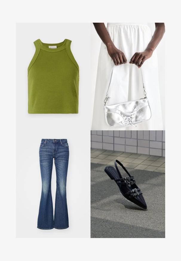CLOSED CROPPED RACER TANK - Top - pistachio green; Zavreté modré džínsy vyrobené z denimu s ľahkým umývacím efektom, s klasickými vreckami a jedným gombíkom na zapínanie.; Čierna plochá sandála so špicatou špičkou, viacerými prackovými remienkami a pásikom na päte, umiestnená nad spevneným povrchom a dlaždicovou stenou v pozadí.; Strieborná metalická kabelka s šnurovaním, vyznačujúca sa elegantným dizajnom a krátkym popruhom. Kabelka je držaná v rukách, čo predvádza jej textúru.