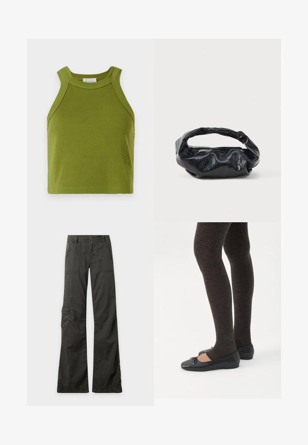 CLOSED CROPPED RACER TANK - Topp - pistachio green; Tumehallid laiade säärtega püksid esikülje ja külgede klapputaskutega, vööaasade ning nööpkinnitusega vöökohal ühtlasel taustal.; Jalad seljas tumedad soonelises soonelises kombines mustade baleriinadega, millel on väikesed paelade detailid valgel taustal.; Must have kõrge läikega struktuurse materjaliga must käekott, millel on ümmargune, keeratud sang ja tõmblukk. Omab pehmet, kortsulist disaini.