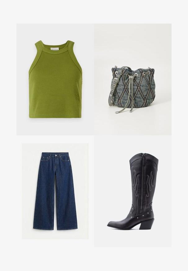 CLOSED CROPPED RACER TANK - Top - pistachio green; Tmavomodré džínsy s širokými nohavicami, predným zapínaním na gombík a zips, pútkami na opasok a dizajnom s piatimi vreckami na jednoliatom svetlom pozadí.; Čierne kožené kovbojské čižmy so špicatou špičkou, viditeľným prešívaním, striebornými ozdobnými nitmi a zipsom na vnútornej strane.; Denimový vedierkový sáčok s diamantovým prešívaním, sivým sťahovaním, striebornými kovovými doplnkami a jemnou textúrou, s odnímateľným popruhom.