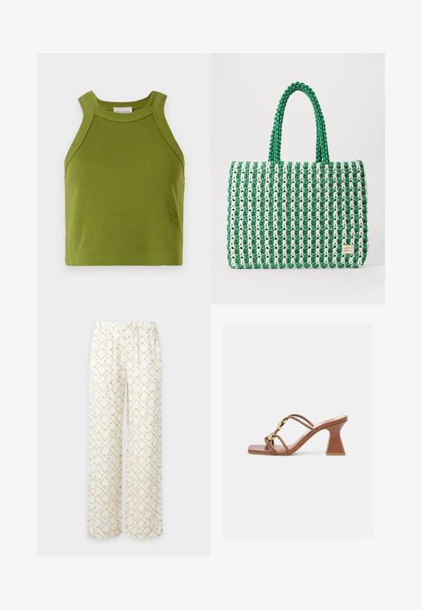 CLOSED CROPPED RACER TANK - Topp - pistachio green; Valged lahtised püksid helerohelise ja kollase lillelise rombimustriga ning elastse vöökohtaga.; Pruun kontsakinga ruudukujulise varbaga, kõver plokkkonts, õhukesed rihmad ja kaks kuldset ümmargust dekoratiivset detaili rihmadel.; Roheline ja valge kaheksakandiline kott, millel on struktureeritud ristkülikukujuline vorm, tekstuuriga pind ning kaks tugevat käepidet. Küljel on logo silt.