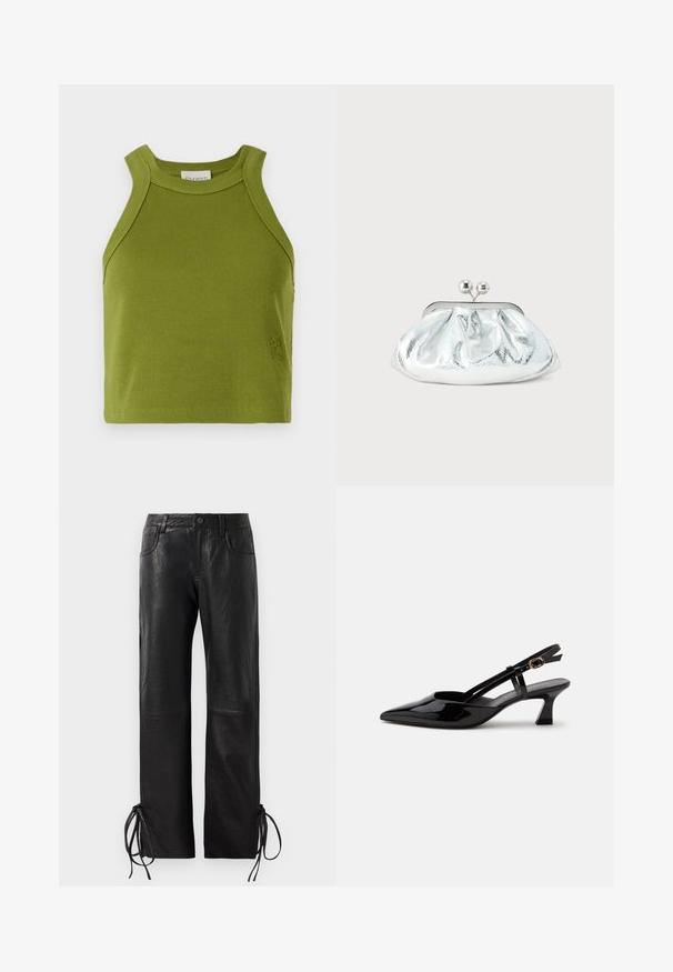 CLOSED CROPPED RACER TANK - Top - pistachio green; Čierne kožené nohavice so mierne textúrovaným povrchom, rovný strih a nastaviteľné šnúrky na leme pre prispôsobiteľné sedenie.; Čierny lesklý lodička so strapcom na päte s nízkym podpätkom, špicatou špičkou a nastaviteľným zlatým remienkom na bielom pozadí.; Malá strieborná kovová kabelka so zaobleným, nariaseným dizajnom a zapínaním s dvoma striebornými guľkami.