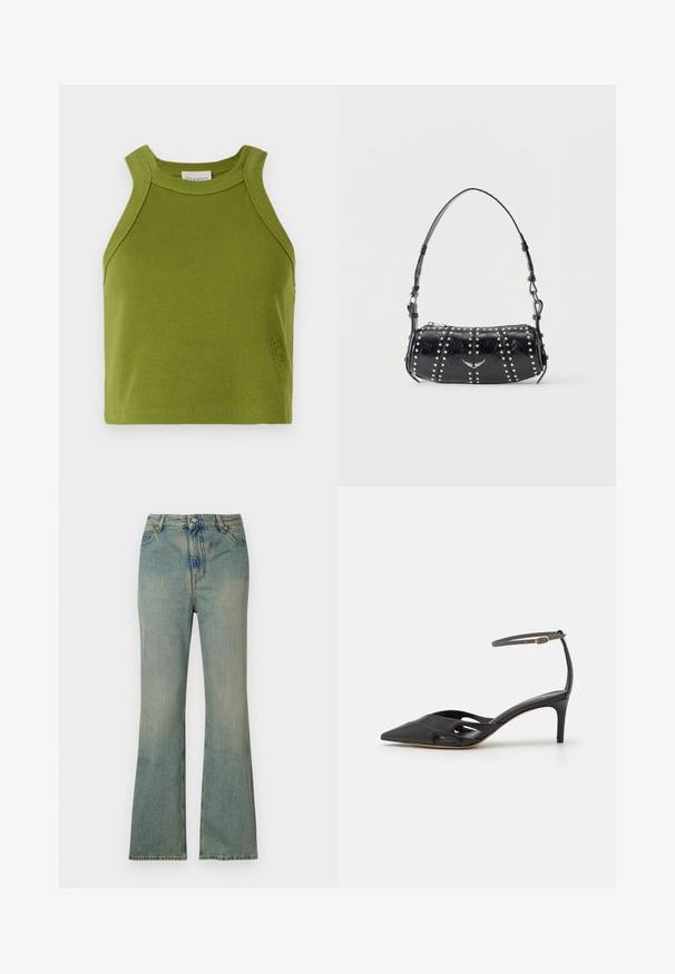 CLOSED CROPPED RACER TANK - Top - pistachio green; Lysblå denim flare jeans med høj talje, fem lommer og lynlås. Ren, falmet finish med subtile syninger.; Sort læder højhælet sko med spids tå, åbne sider og en tynd ankelrem med en lille guld detalje.; Sort skuldertaske i laklæder med sølvnitter i lodrette rækker og et lille sølvfugleemblem midt på fronten.