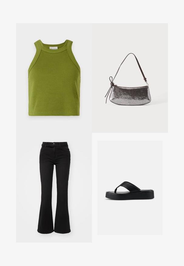 CLOSED CROPPED RACER TANK - Top - pistachio green; Sorte flare jeans med høj talje, lavet af denimstof. Har forlommer, knaplukning og en glat tekstur.; Sort platform flip-flop sandal med bred læderrem og polstret sål, vist i sideprofil på en ensfarvet lys baggrund.; Lille metallic sølv håndtaske med tekstureret overflade, kort mørkebrun rem og dekorativt bundet sløjfe på den ene side.