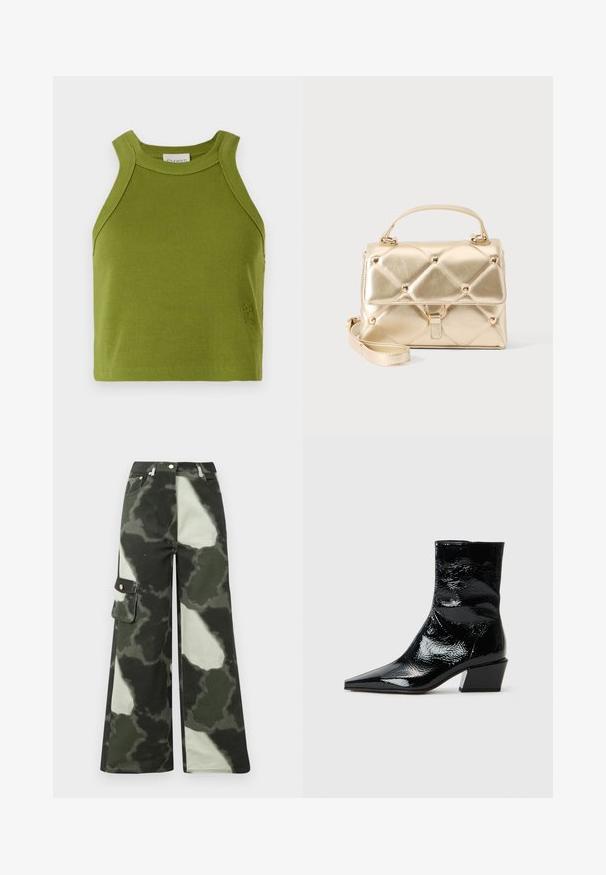 CLOSED CROPPED RACER TANK - Topp - pistachio green; Laia säärega cargo püksid tumeroheline ja heegeldatud halli kamoflaažiga mustris. Omab küljetaskut ja metallnuppu, valmistatud vastupidavast puuvillamaterjalist.; Mustad лӓiküdiga pahkluu saapad terava varbaga, tekstuuriga viimistlusega ja massiivse ploki kontsaga. Sirge disain sujuva ja läikiva pinnaga.; Väike metallist kuldne käekott pealmise sangaga, eemaldatava õlapaelaga, vattitud mustriga ja kuldse viimistikuga naeltega ühtlasel taustal.