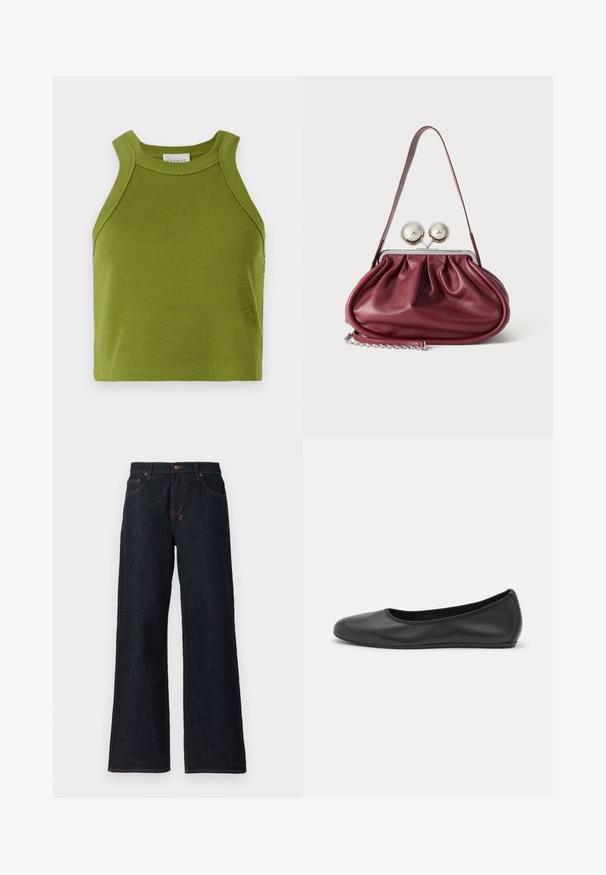 CLOSED CROPPED RACER TANK - Topp - pistachio green; Tumedad sinised laiad teksad, mis on valmistatud denimist, sisaldavad oranži õmblust, kahte esimest lukku ja nupukinnitust vöökoht. ; Musthave mustika tantsutossud mustast nahast, ümmarguse varbaga, siledast tekstuurist, minimaalse õmblusdetailiga ja paindliku tallakujundusega.; Väike burgundia nahast käekott kortsudetailidega, õhukese rihmaga ja kahe suure ringikujulise nööbiga hõbedane kinnitus.