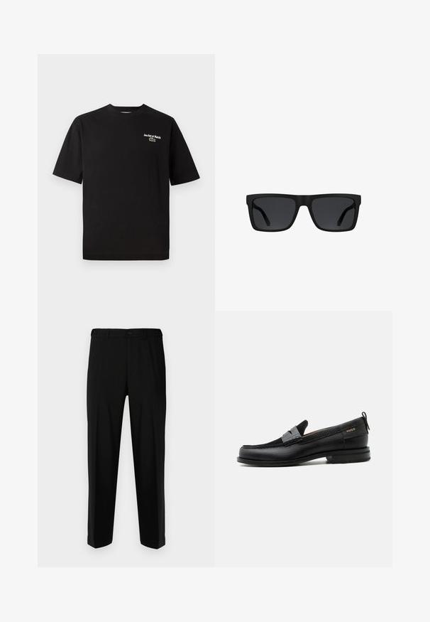 Camiseta de algodón negra con mangas cortas, cuello redondo, que presenta "Jeu Set et Match" en bordado blanco y un acento de logo de cocodrilo verde.; Pantalones negros de tela suave, con corte recto, dos bolsillos frontales y cremallera con cierre de botón.; Mocasín de cuero negro con detalle de tira gris, tacón bajo y suela texturizada, con la marca "HUGO" en oro en el lateral.; Gafas de sol rectangulares negras con montura gruesa y lentes tintados oscuros sobre un fondo blanco.